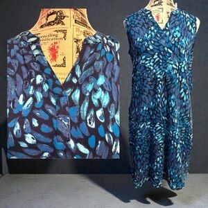 Elegant Blue Leaf Print Midi Dress